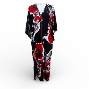 Natori Floral Zip Front Caftan Robe Maxi Dress Black Red White Size S